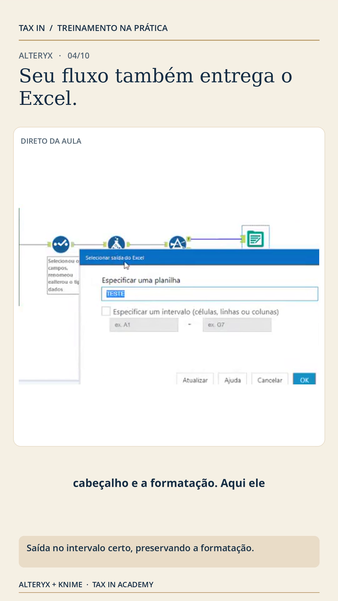 Captura real da aula de Alteryx, configurando uma saída Excel com template
