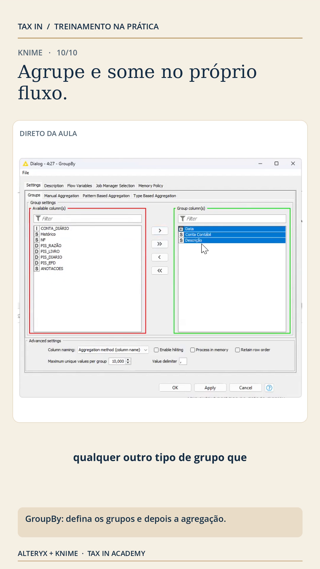 Captura real de aula do curso: agrupamentos com GroupBy no KNIME