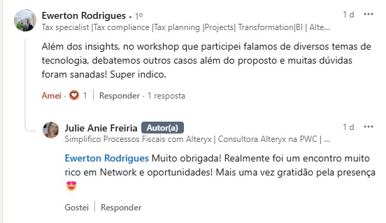 Print original do comentário de Ewerton Rodrigues sobre workshop anterior